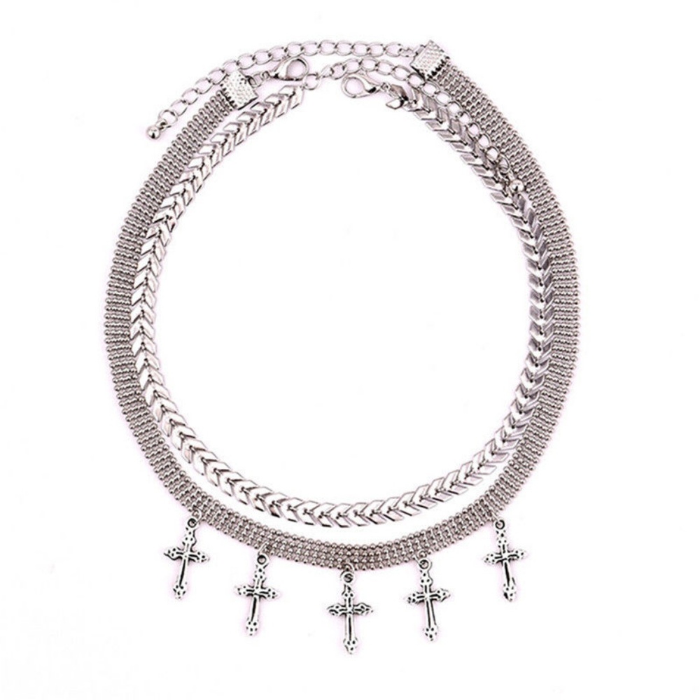 Double Layer Cross Pendant Necklace Choker Silver - Picture 4 of 4